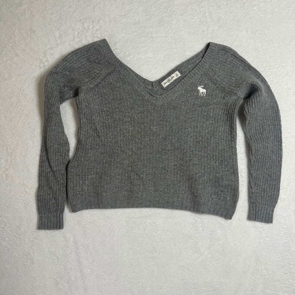 Y2K Abercrombie & Fitch Gray Ribbed V-Neck Sweater S Off The Shoulder Cropped